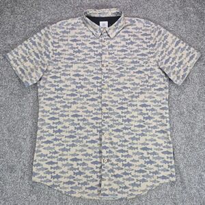 Flylow Shirt Mens Large Tan Blue Fish Print Short Sleeve Button Up